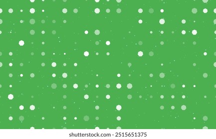 Seamless background pattern of evenly spaced white heptagon symbols of different sizes and opacity. Vector illustration on green background with stars