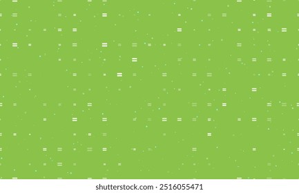 Seamless background pattern of evenly spaced white equals symbols of different sizes and opacity. Vector illustration on light green background with stars