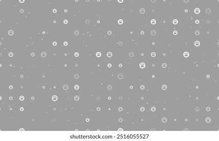 Seamless background pattern of evenly spaced white pet symbols of different sizes and opacity. Vector illustration on gray background with stars