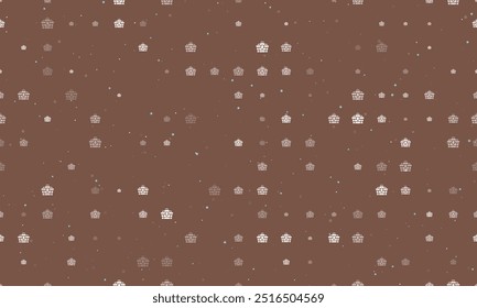 Seamless background pattern of evenly spaced white treasure chest symbols of different sizes and opacity. Vector illustration on brown background with stars