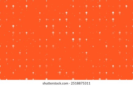 Seamless background pattern of evenly spaced white chamomile symbols of different sizes and opacity. Vector illustration on deep orange background with stars