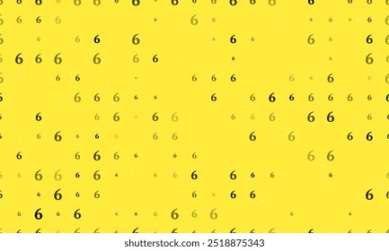 Seamless background pattern of evenly spaced black number six symbols of different sizes and opacity. Vector illustration on yellow background with stars