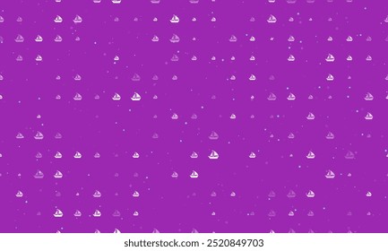 Seamless background pattern of evenly spaced white sailing boat symbols of different sizes and opacity. Vector illustration on purple background with stars