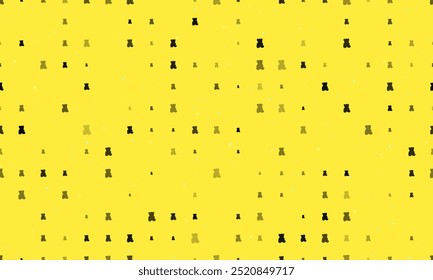 Seamless background pattern of evenly spaced black teddy bear symbols of different sizes and opacity. Vector illustration on yellow background with stars