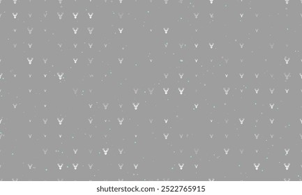 Seamless background pattern of evenly spaced white deer head symbols of different sizes and opacity. Vector illustration on gray background with stars