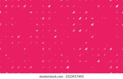 Seamless background pattern of evenly spaced white wild wolf symbols of different sizes and opacity. Vector illustration on pink background with stars