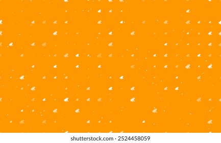 Seamless background pattern of evenly spaced white frog symbols of different sizes and opacity. Vector illustration on orange background with stars