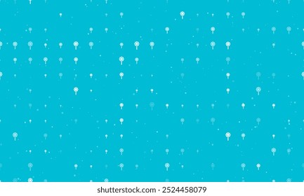 Seamless background pattern of evenly spaced white chamomile symbols of different sizes and opacity. Vector illustration on cyan background with stars