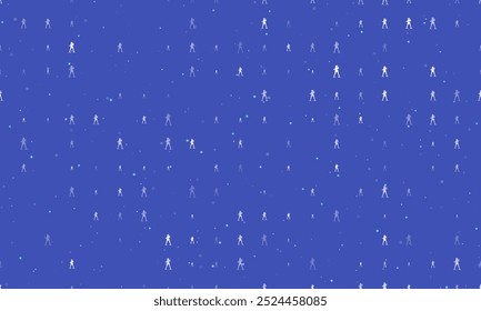 Seamless background pattern of evenly spaced white boxer girl symbols of different sizes and opacity. Vector illustration on indigo background with stars