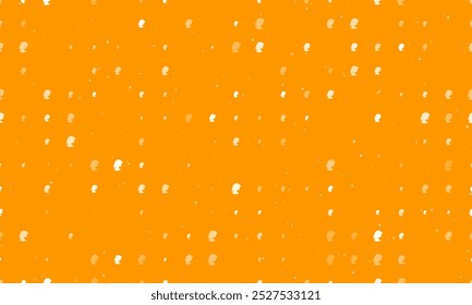 Seamless background pattern of evenly spaced white woman face profile symbols of different sizes and opacity. Vector illustration on orange background with stars