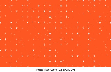 Seamless background pattern of evenly spaced white crown symbols of different sizes and opacity. Vector illustration on deep orange background with stars