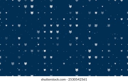 Seamless background pattern of evenly spaced white fox's head symbols of different sizes and opacity. Vector illustration on dark blue background with stars