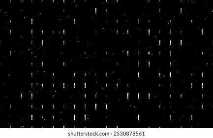 Seamless background pattern of evenly spaced white exclamation symbols of different sizes and opacity. Vector illustration on black background with stars