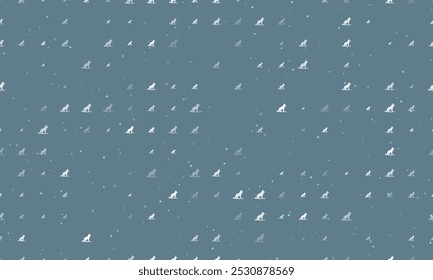 Seamless background pattern of evenly spaced white wild wolf symbols of different sizes and opacity. Vector illustration on blue gray background with stars
