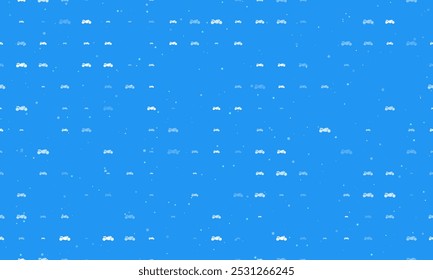 Seamless background pattern of evenly spaced white bike symbols of different sizes and opacity. Vector illustration on blue background with stars