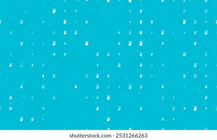 Seamless background pattern of evenly spaced white owl symbols of different sizes and opacity. Vector illustration on cyan background with stars