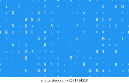 Seamless background pattern of evenly spaced white number eight symbols of different sizes and opacity. Vector illustration on blue background with stars