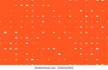 Seamless background pattern of evenly spaced white electric plane symbols of different sizes and opacity. Vector illustration on deep orange background with stars