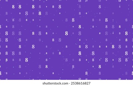 Seamless background pattern of evenly spaced white number eight symbols of different sizes and opacity. Vector illustration on deep purple background with stars