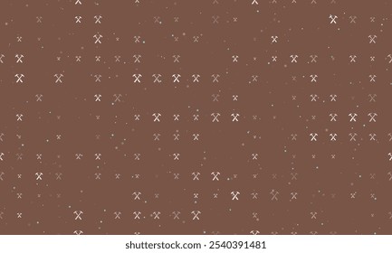 Seamless background pattern of evenly spaced white crossed hammers symbols of different sizes and opacity. Vector illustration on brown background with stars