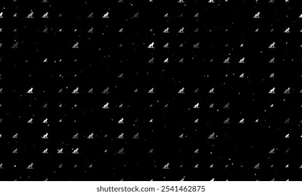 Seamless background pattern of evenly spaced white wild wolf symbols of different sizes and opacity. Vector illustration on black background with stars