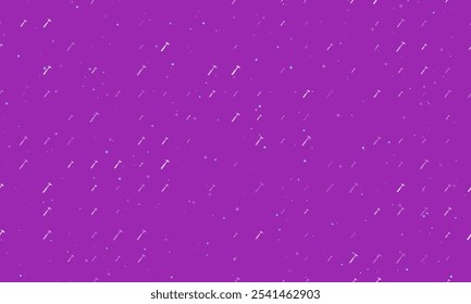 Seamless background pattern of evenly spaced white hammer symbols of different sizes and opacity. Vector illustration on purple background with stars