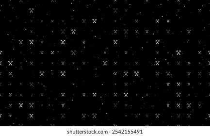 Seamless background pattern of evenly spaced white crossed hammers symbols of different sizes and opacity. Vector illustration on black background with stars