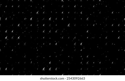 Seamless background pattern of evenly spaced white wild giraffe symbols of different sizes and opacity. Vector illustration on black background with stars