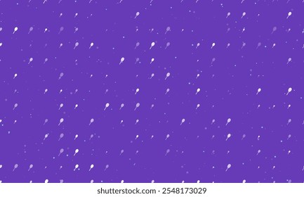 Seamless background pattern of evenly spaced white tennis racket symbols of different sizes and opacity. Vector illustration on deep purple background with stars