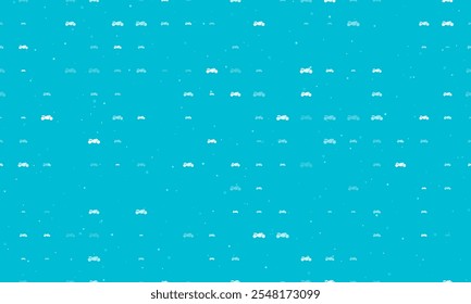 Seamless background pattern of evenly spaced white bike symbols of different sizes and opacity. Vector illustration on cyan background with stars