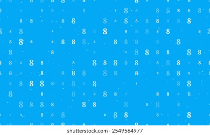 Seamless background pattern of evenly spaced white number eight symbols of different sizes and opacity. Vector illustration on light blue background with stars