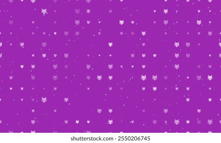 Seamless background pattern of evenly spaced white fox's head symbols of different sizes and opacity. Vector illustration on purple background with stars