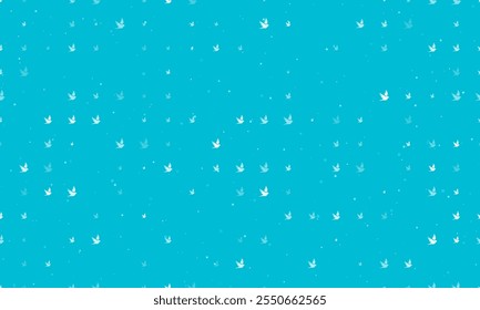 Seamless background pattern of evenly spaced white bird symbols of different sizes and opacity. Vector illustration on cyan background with stars