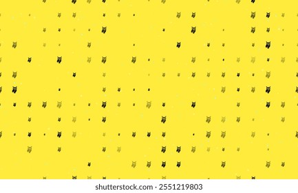 Seamless background pattern of evenly spaced black owl symbols of different sizes and opacity. Vector illustration on yellow background with stars