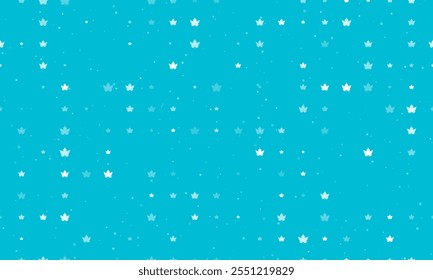 Seamless background pattern of evenly spaced white maple leaf symbols of different sizes and opacity. Vector illustration on cyan background with stars