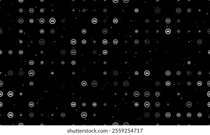 Seamless background pattern of evenly spaced white no car signs of different sizes and opacity. Vector illustration on black background with stars