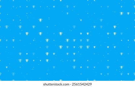 Seamless background pattern of evenly spaced white elephant heads of different sizes and opacity. Vector illustration on light blue background with stars