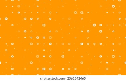 Seamless background pattern of evenly spaced white auto brakess of different sizes and opacity. Vector illustration on orange background with stars