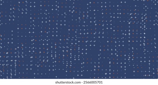 Seamless background pattern of evenly spaced plus symbols of different sizes and opacity. Vector illustration on blue background