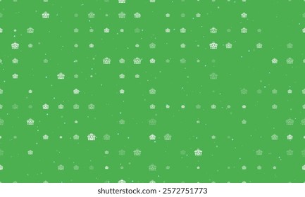 Seamless background pattern of evenly spaced white treasure chest symbols of different sizes and opacity. Vector illustration on green background with stars