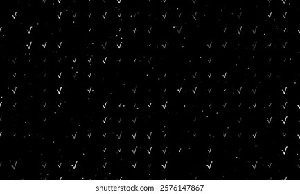 Seamless background pattern of evenly spaced white square root symbols of different sizes and opacity. Vector illustration on black background with stars