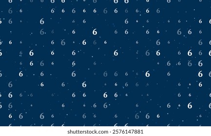 Seamless background pattern of evenly spaced white number six symbols of different sizes and opacity. Vector illustration on dark blue background with stars