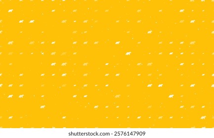 Seamless background pattern of evenly spaced white raccoon symbols of different sizes and opacity. Vector illustration on amber background with stars