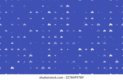 Seamless background pattern of evenly spaced white tractor icons of different sizes and opacity. Vector illustration on indigo background with stars