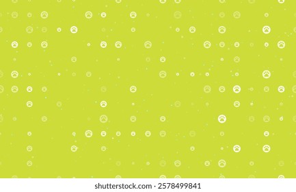 Seamless background pattern of evenly spaced white pet symbols of different sizes and opacity. Vector illustration on lime background with stars