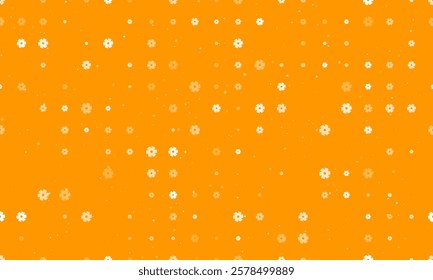 Seamless background pattern of evenly spaced white milling disc symbols of different sizes and opacity. Vector illustration on orange background with stars