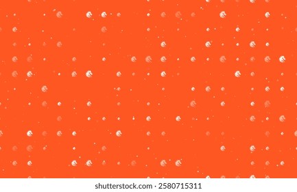 Seamless background pattern of evenly spaced white dragon's head symbols of different sizes and opacity. Vector illustration on deep orange background with stars
