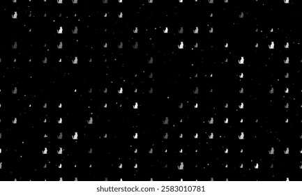 Seamless background pattern of evenly spaced white cat icons of different sizes and opacity. Vector illustration on black background with stars