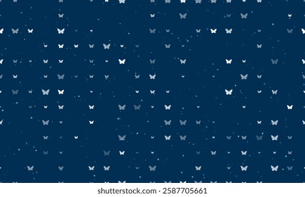 Seamless background pattern of evenly spaced white butterfly symbols of different sizes and opacity. Vector illustration on dark blue background with stars