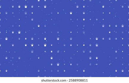 Seamless background pattern of evenly spaced white crown symbols of different sizes and opacity. Vector illustration on indigo background with stars